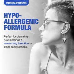 Dispensing spray from bottle, ideal for cleansing fresh piercings.