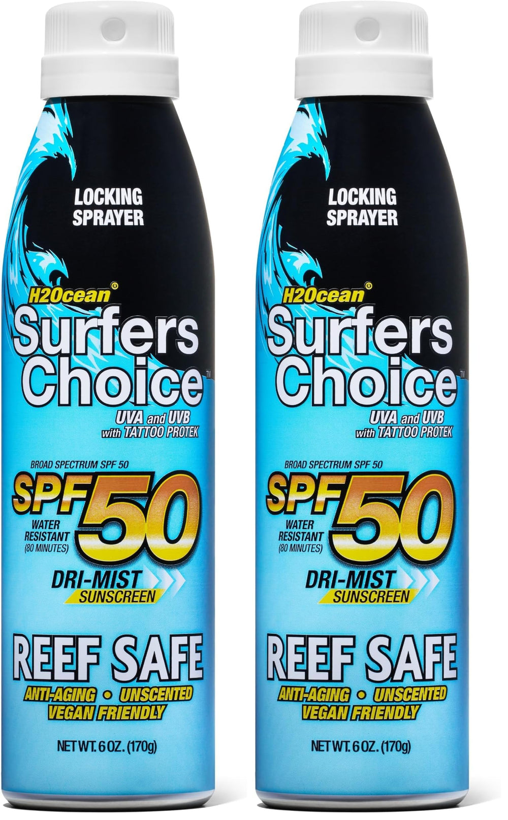H2Ocean Surfers Choice SPF50 spray bottle on beach for quick UV protection