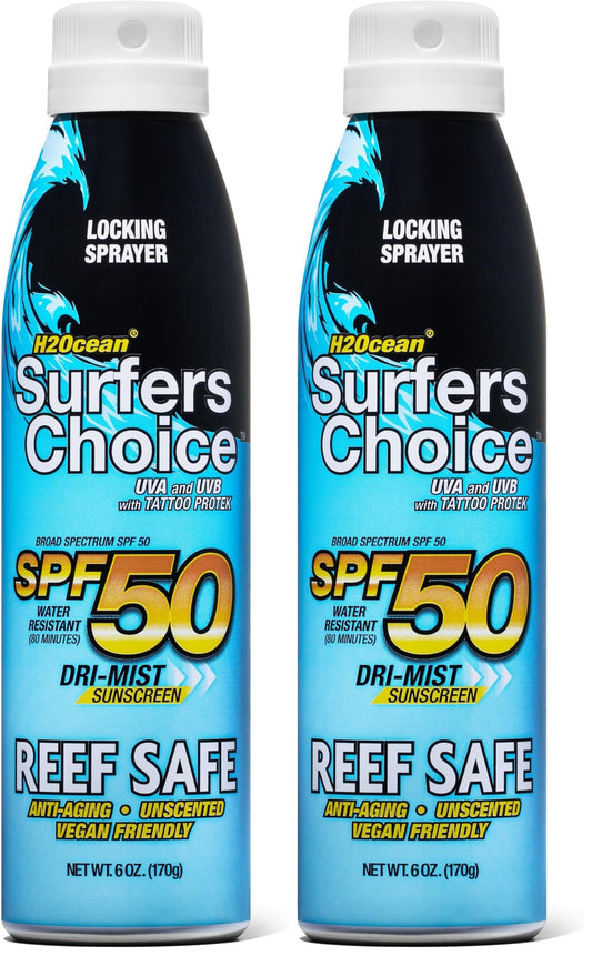 H2Ocean Surfers Choice SPF50 spray bottle on beach for quick UV protection