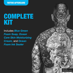 H2Ocean Ultimate Kit unboxing view shows complete tattoo aftercare system.