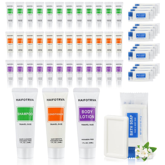 HAIFOTRVA 40-pack travel toiletries set with sealed bottles for mess-free hotel use.