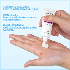 HAIFOTRVA shampoo, conditioner, and body lotion in compact 30ml travel sizes.