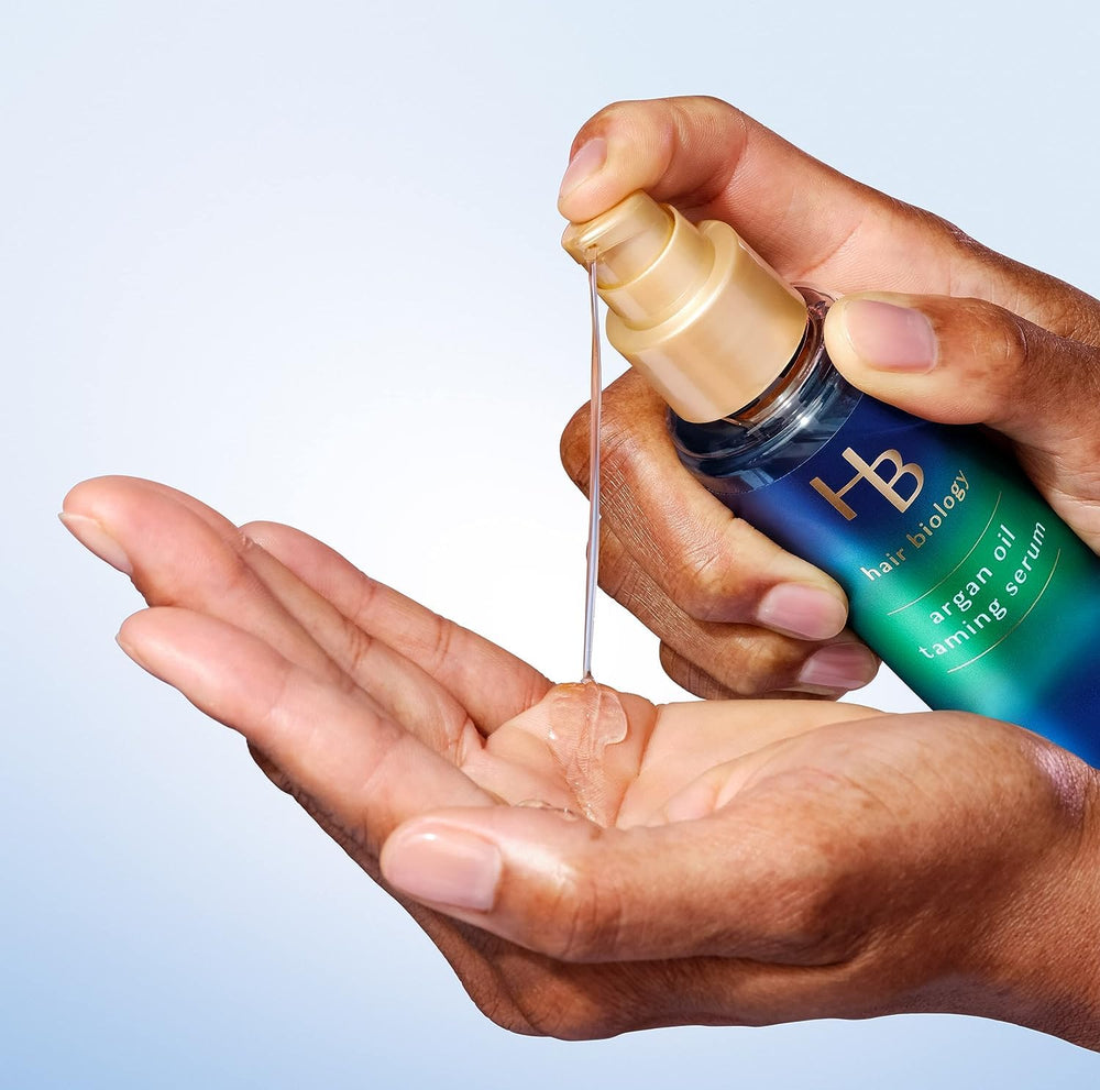 Serum applied to damp hair from mid-length to ends for frizz control