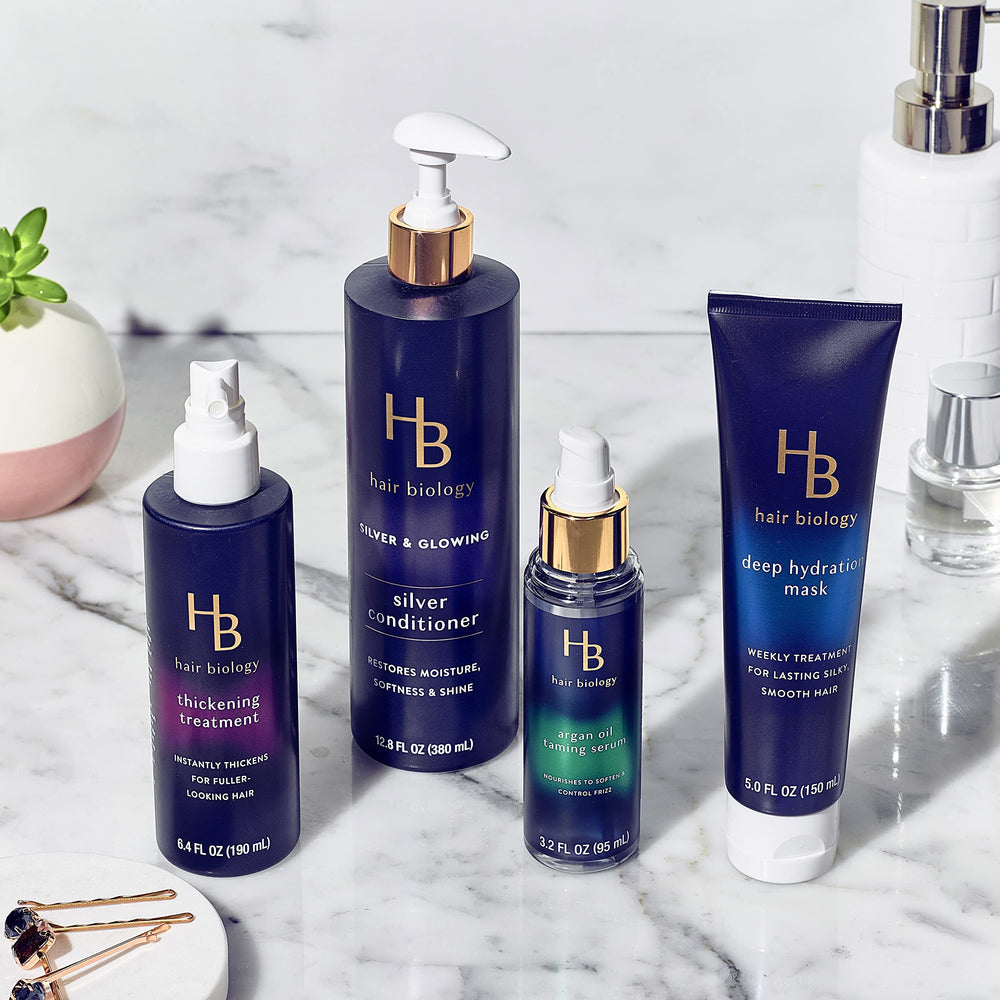 Styled hair with smoother grey tones after using Hair Biology serum