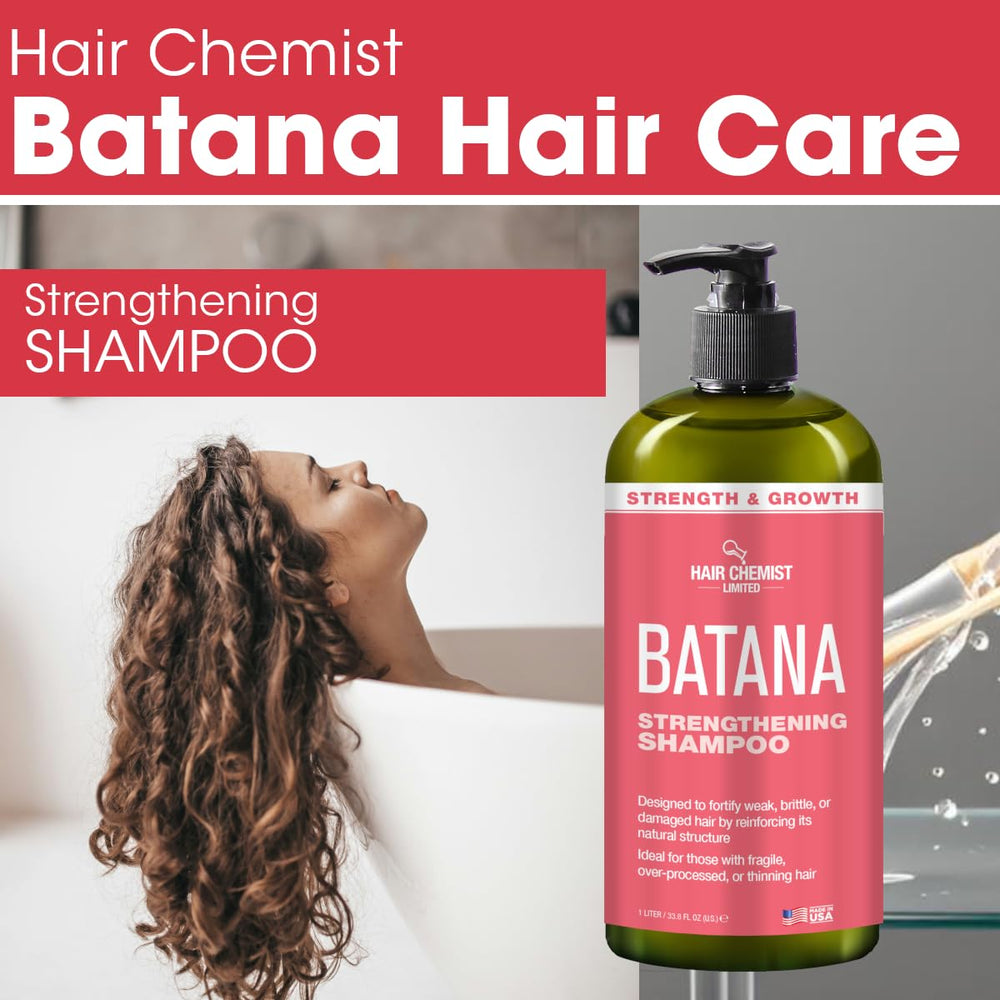 Hair Chemist Batana Strengthening Shampoo bottle closeup with creamy lather