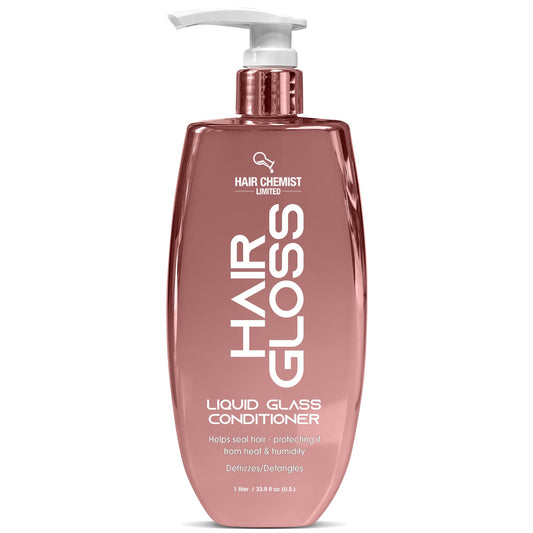 Hair Chemist Hair Gloss Liquid Glass bottle pour delivers radiant shine.