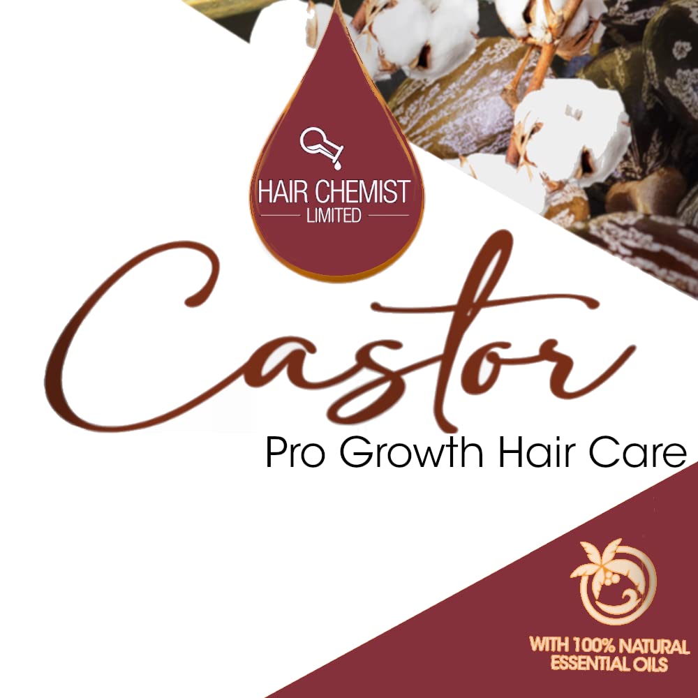 Hair Chemist Pro-Growth Castor Oil cap closeup; premium formula for shine and health.