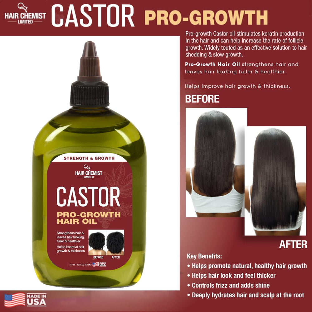 Hair Chemist Pro-Growth Castor Oil packaging box; convenient, large 12 oz bottle.