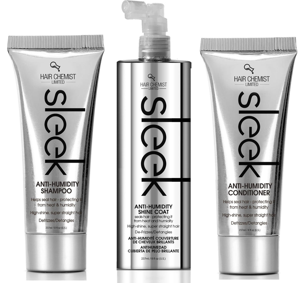 Hair Chemist Sleek Anti-Humidity Shampoo bottle showing frizz defense and cleansing action