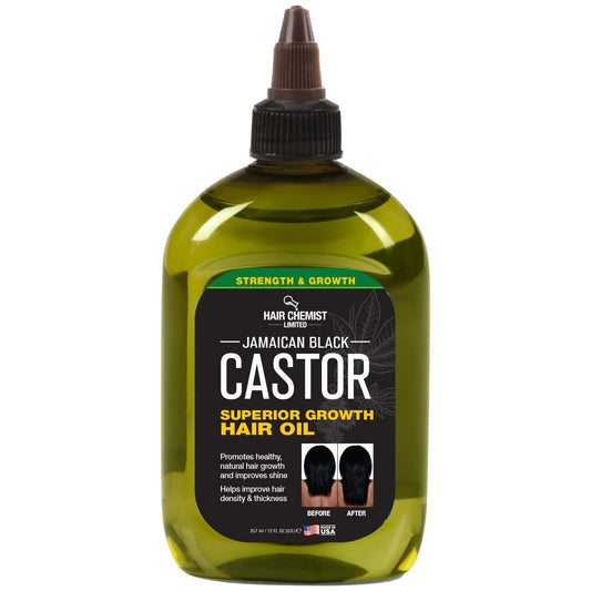 Hair Chemist Superior Growth Jamaican Black Castor Oil bottle being poured to nourish hair.