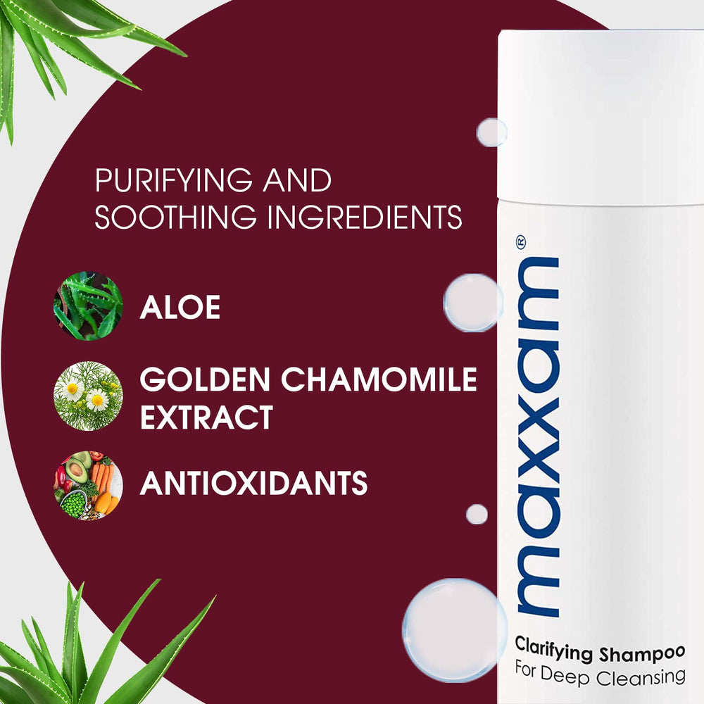 HAIR CLUB Maxxam clarifying shampoo on bathroom counter ready to purify buildup.