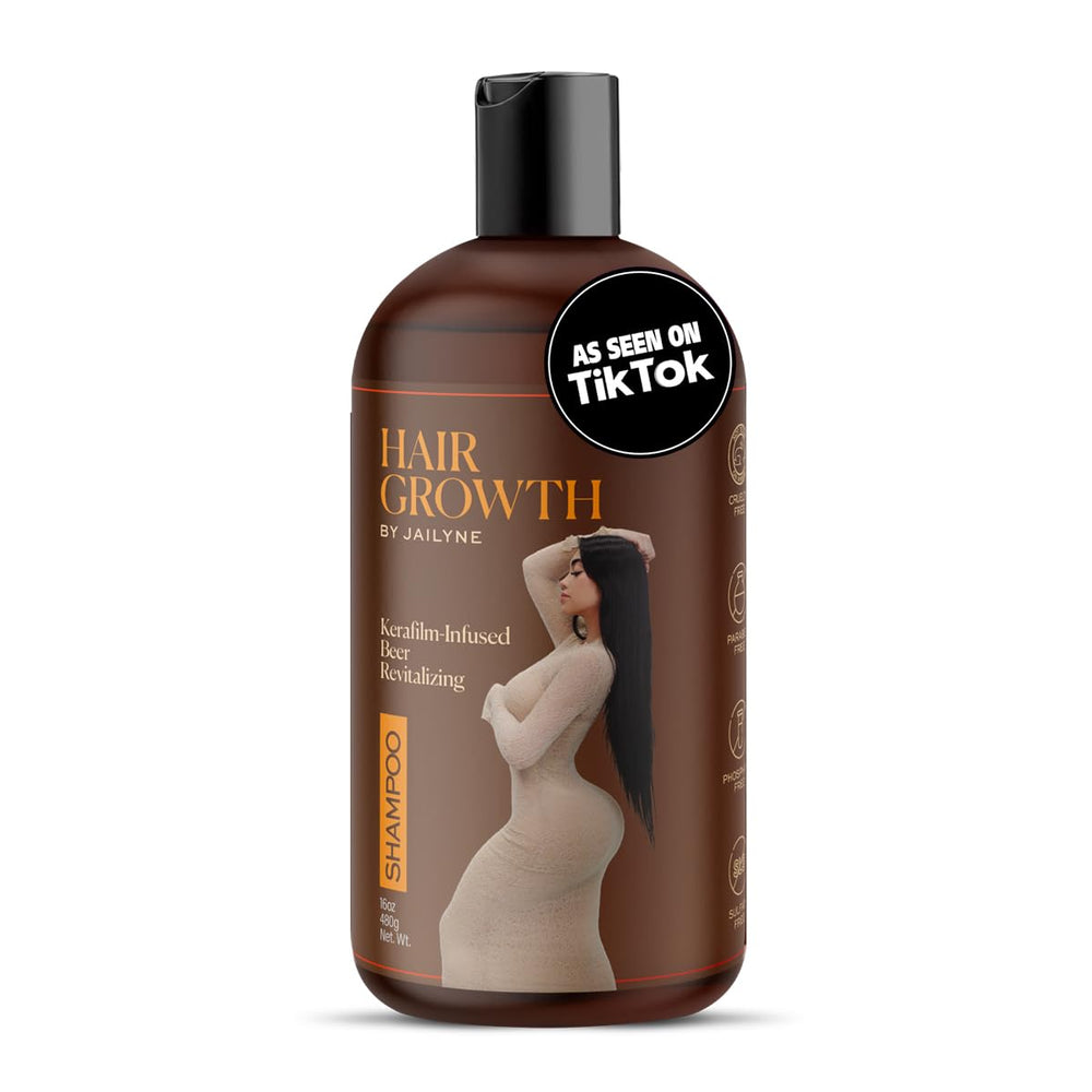 Hair Growth by Jailyne Ojeda shampoo bottle featuring biotin and keratin for fuller hair