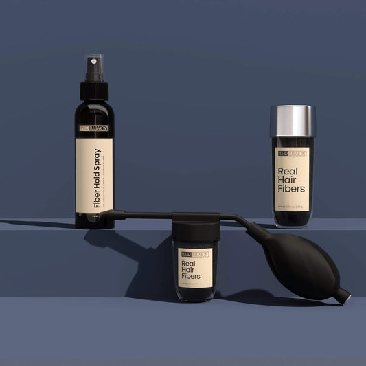 Hair Illusion Combo Kit hold spray shown for instant hold and natural fibers.