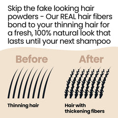 Hair Illusion dark brown fibers covering thinning spots on scalp for confidence.