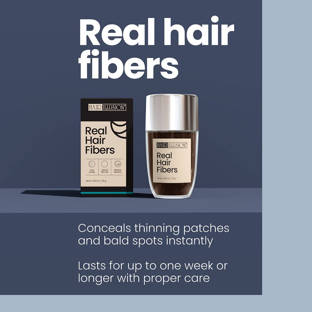 Hair Illusion packaging and natural fibers designed for all-day wear.