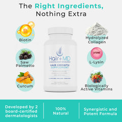 Hair Plus MD label emphasizing dermatologist-developed, gluten-free and non-GMO quality