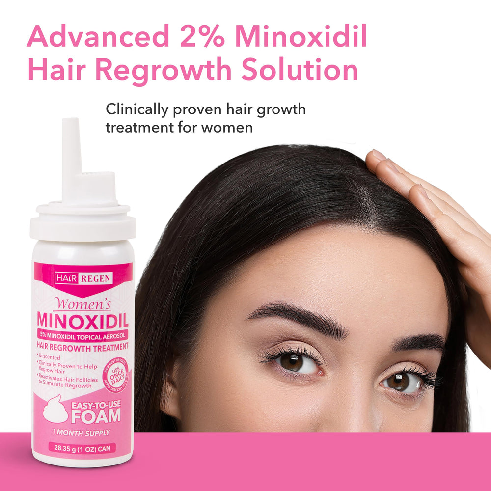 Hair Regen Minoxidil Foam for Women pack side view highlights value and storage.