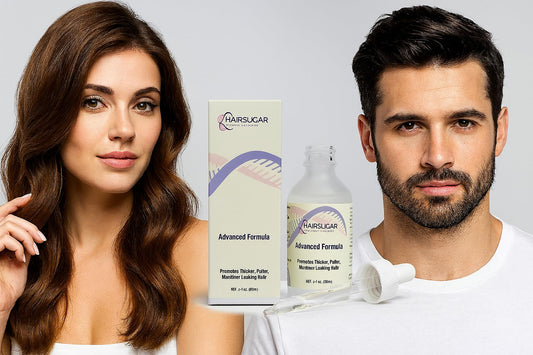 Hair Sugar bottle showcasing 2-Deoxy-D-Ribose for non-hormonal thinning hair.