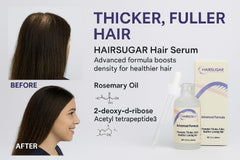Hair Sugar texture close-up shows lightweight, non-greasy serum.