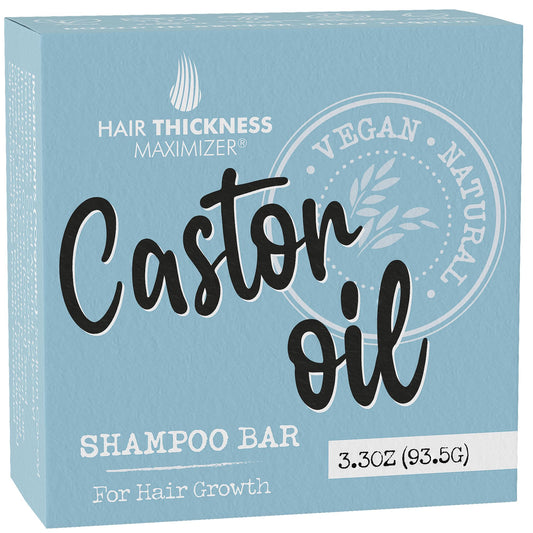 Hair Thickness Maximizer castor oil shampoo bar packaging highlights a plastic-free, eco-friendly design.