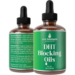 Hair Thickness Maximizer DHT serum bottle showing vegan, unscented formula for healthier hair