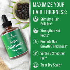 Hair Thickness Maximizer Saw Palmetto Serum 1 oz bottle ideal for daily use.