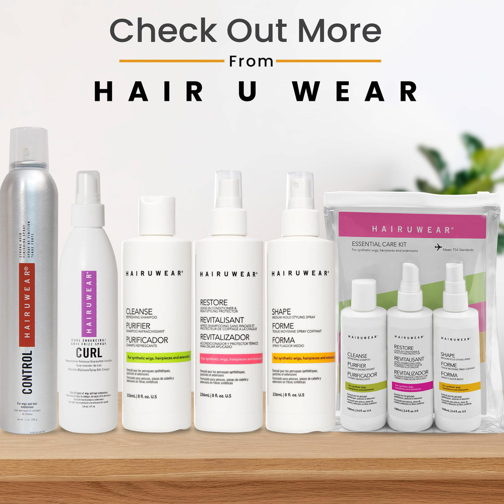 Hair U Wear hand applying spray to style a wig
