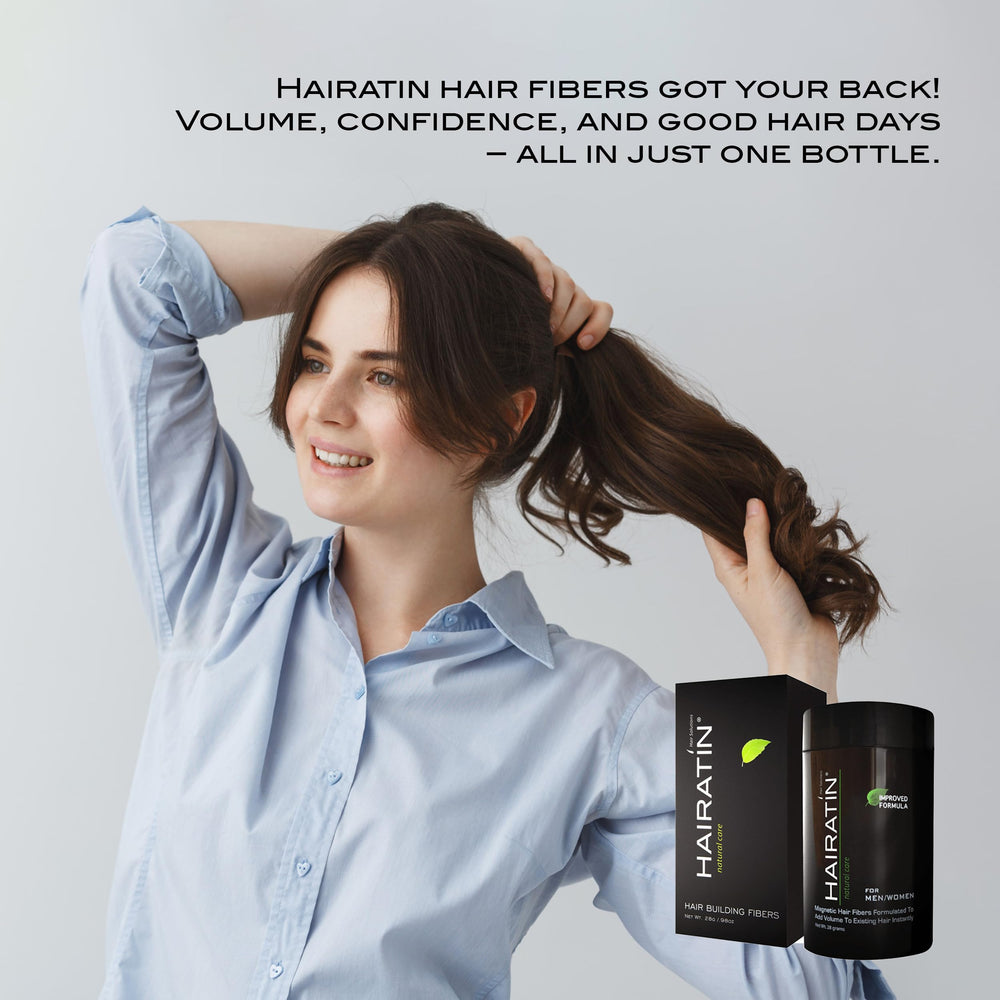HAIRATIN quick-finish with light spray locks fibers in place.