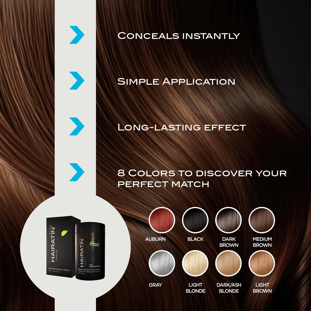HAIRATIN keratin fibers blend with natural hair for seamless coverage.
