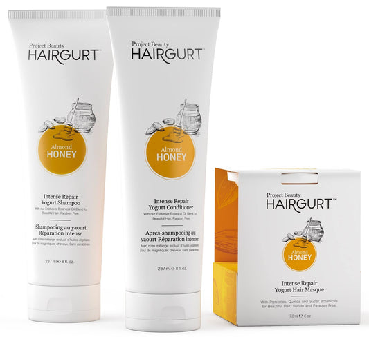 Hairgurt intense repair shampoo bottle delivers lightweight hydration for smooth, shiny hair.