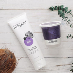 Hairgurt natural ingredients panel highlights coconut and acai extracts.