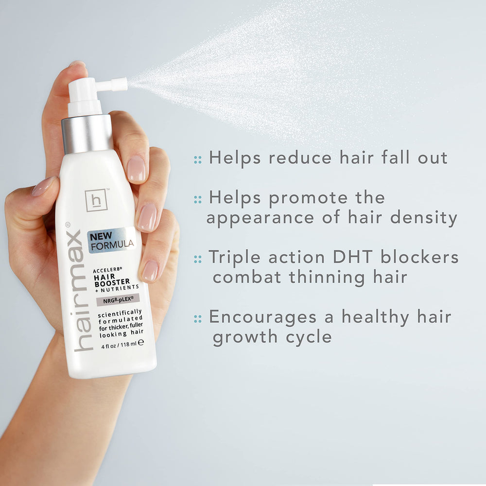Hairmax Acceler8 label close-up showing daily scalp-support features