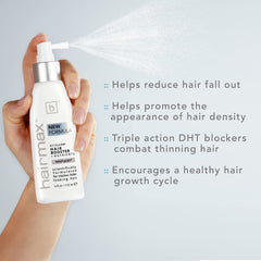Hairmax Acceler8 label close-up showing daily scalp-support features