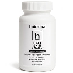 Hairmax bottle front shows premium hair, skin and nails supplement for daily vitality.