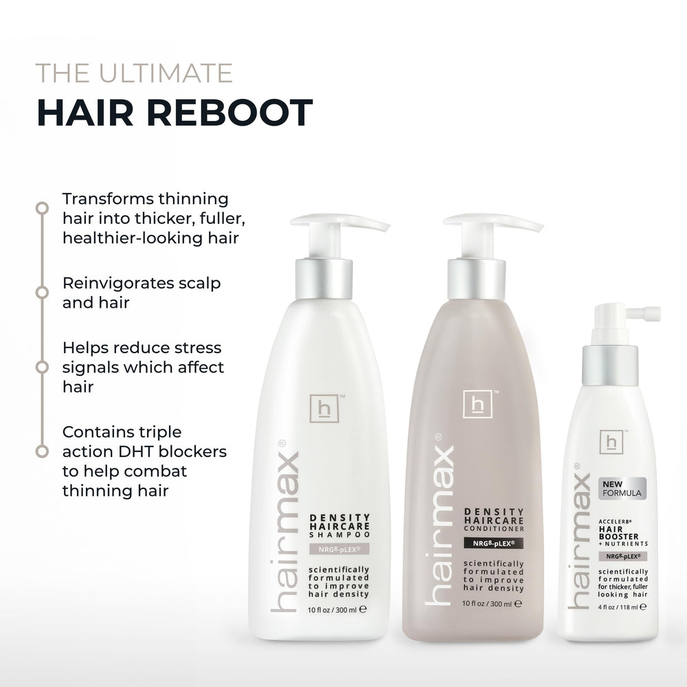 Hairmax Density packaging box emphasizing complete 3-piece system.