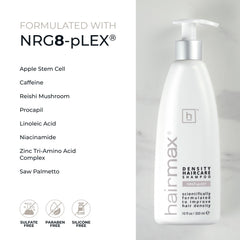 Hairmax Density Shampoo in a bathroom vanity setting for daily cleansing