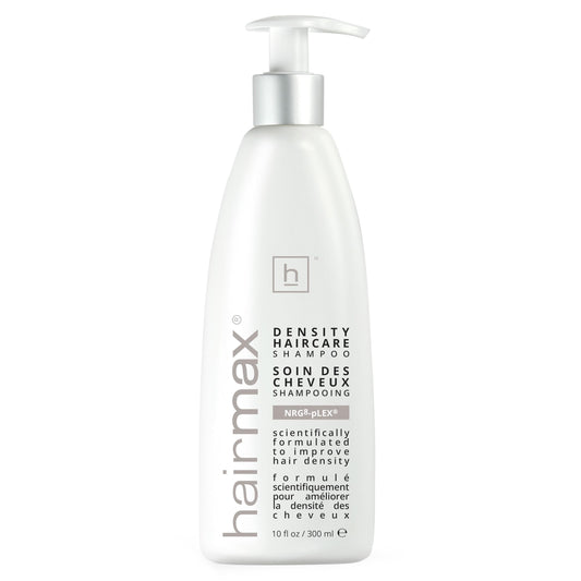 Hairmax Density Shampoo bottle closeup showing premium scalp-care formula for thinning hair