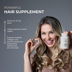Hairmax product on shelf display emphasizes all-hair-types support.
