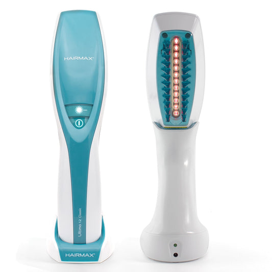 HairMax Ultima 12 Classic LaserComb front view showing cordless design for home use.