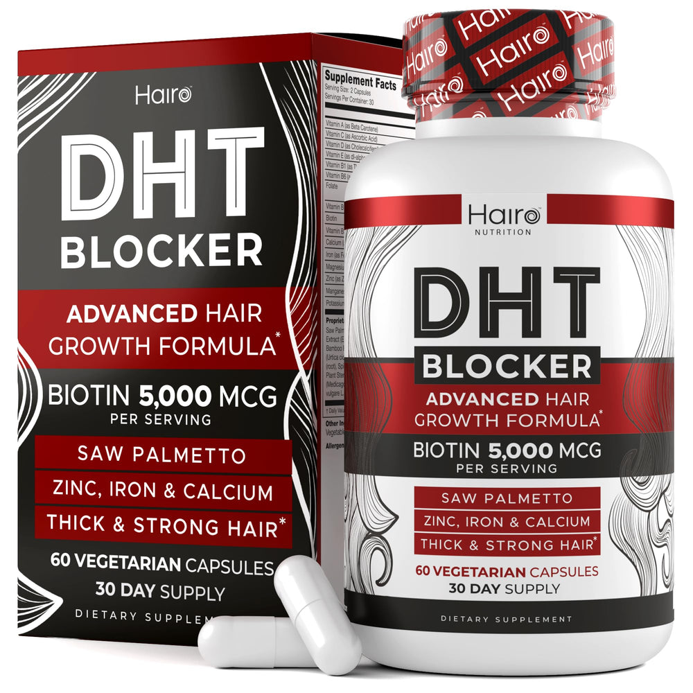 Hairo Nutrition DHT Blocker bottle; potential support for hair follicle growth.