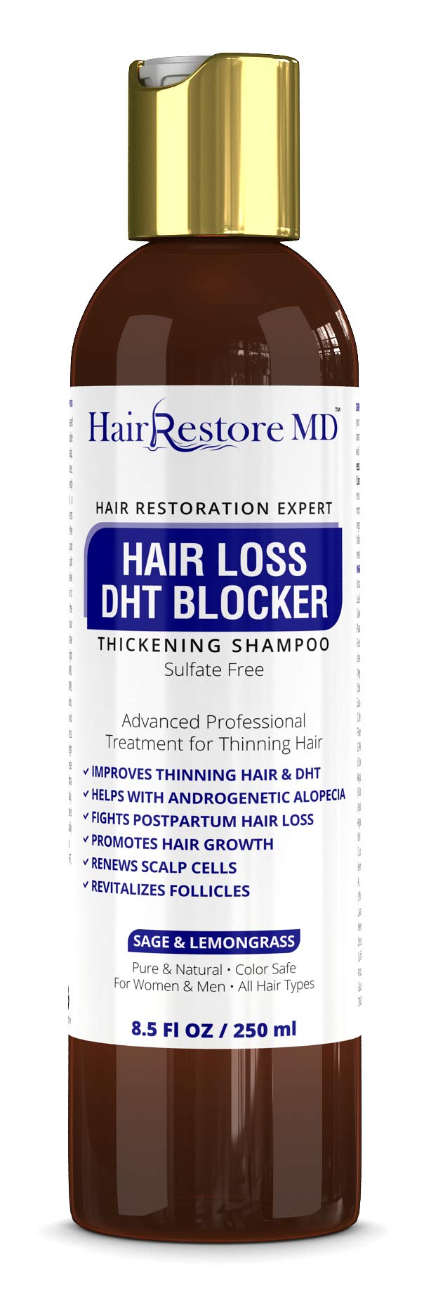 HairRestore MD DHT Blocker Shampoo bottle pour with sage and lemongrass aroma for daily scalp care