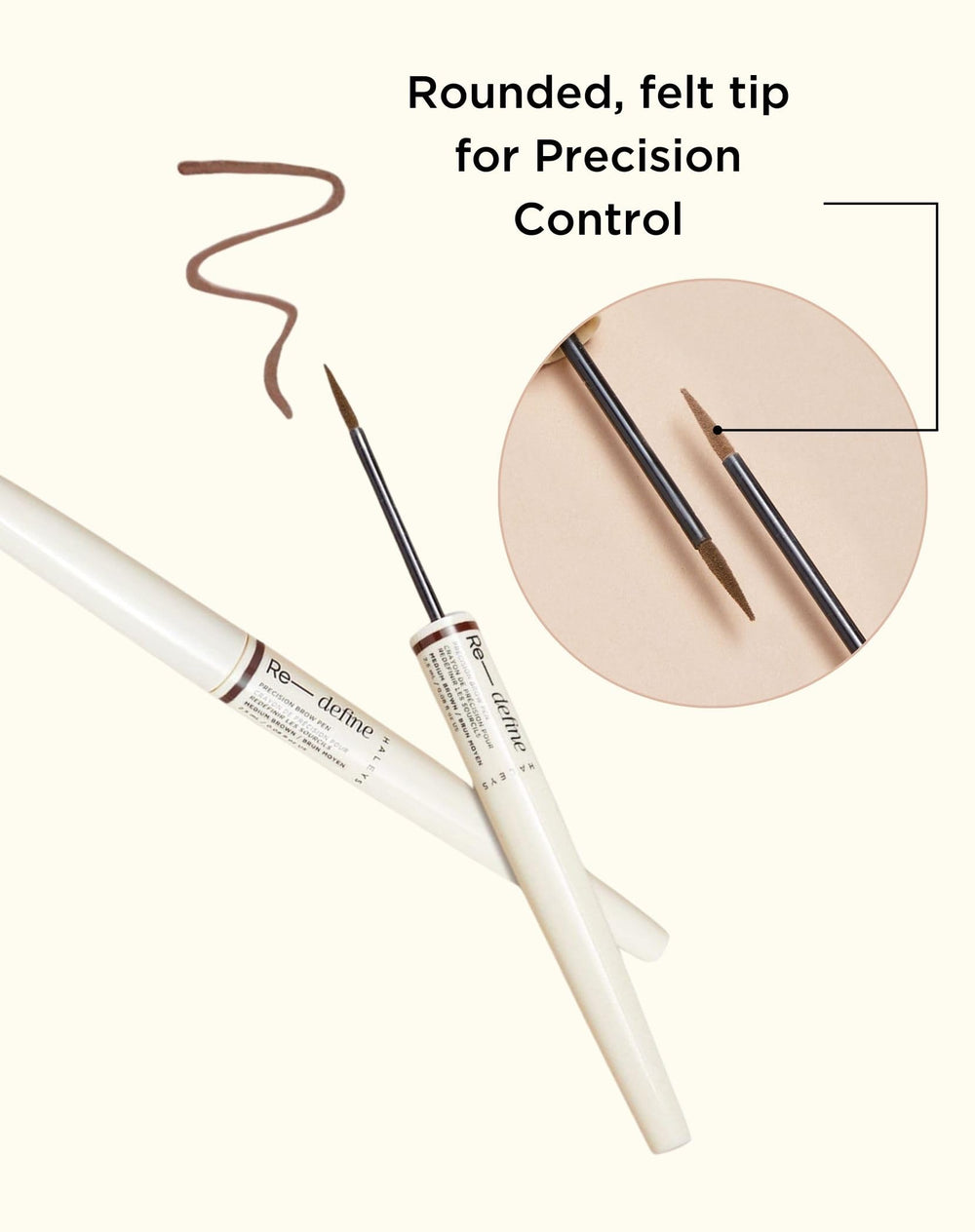 HALEYS brow pen soft matte strokes on brows for lasting finish.