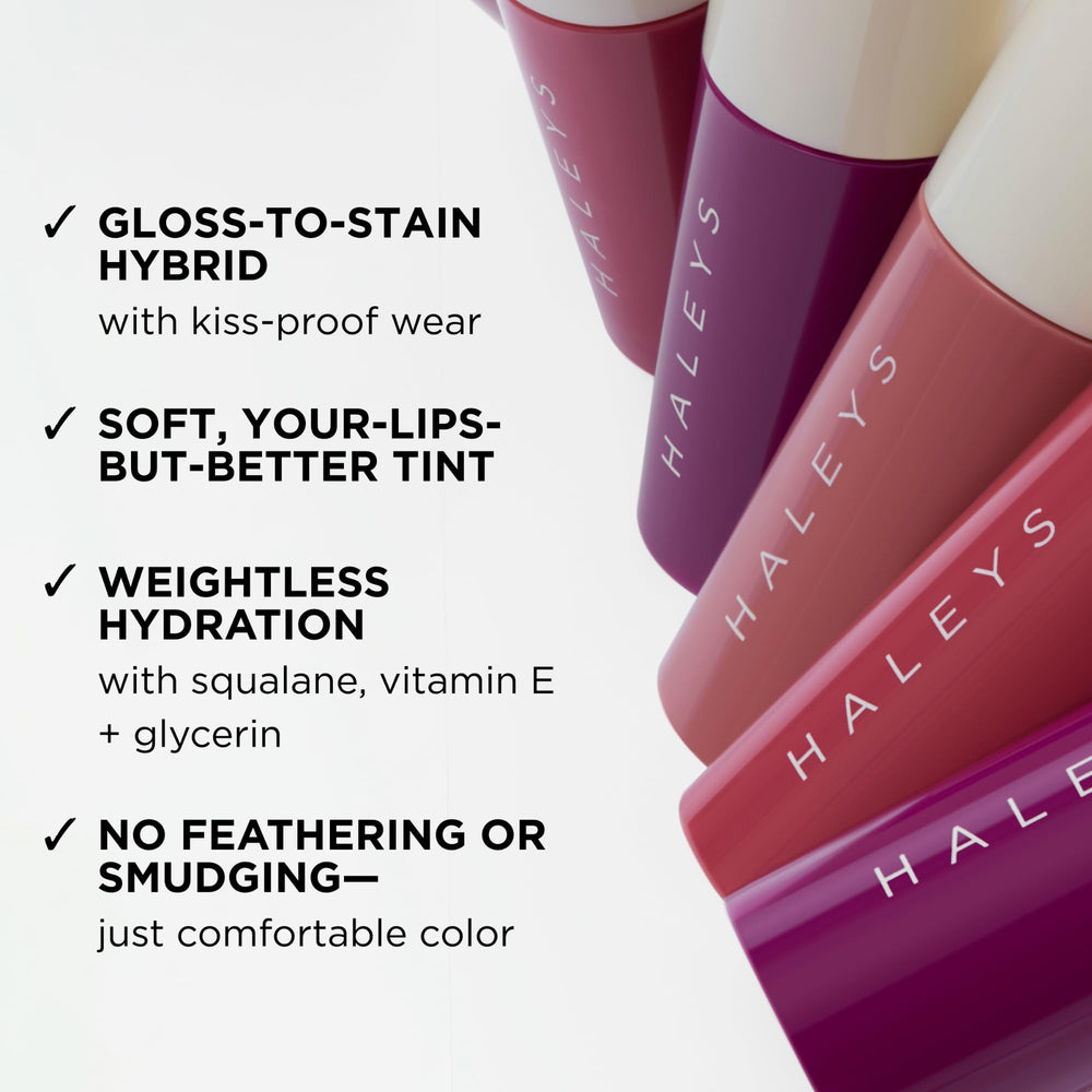HALEYS Re-dew lip gloss dries to stain without feathering or smudging.