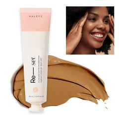 HALEYS Re-set full-coverage matte foundation bottle demonstrates vegan, oil-free formula for a lasting matte look.