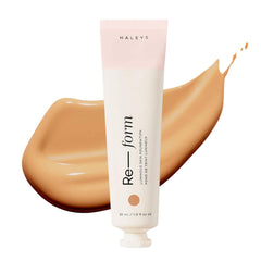 HALEYS Re-form foundation bottle close-up showing a natural, oil-free glow