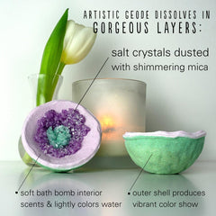 Hallu Tropical Beach Geode Bath Bomb crystal-dance, colors swirl beautifully in tub.