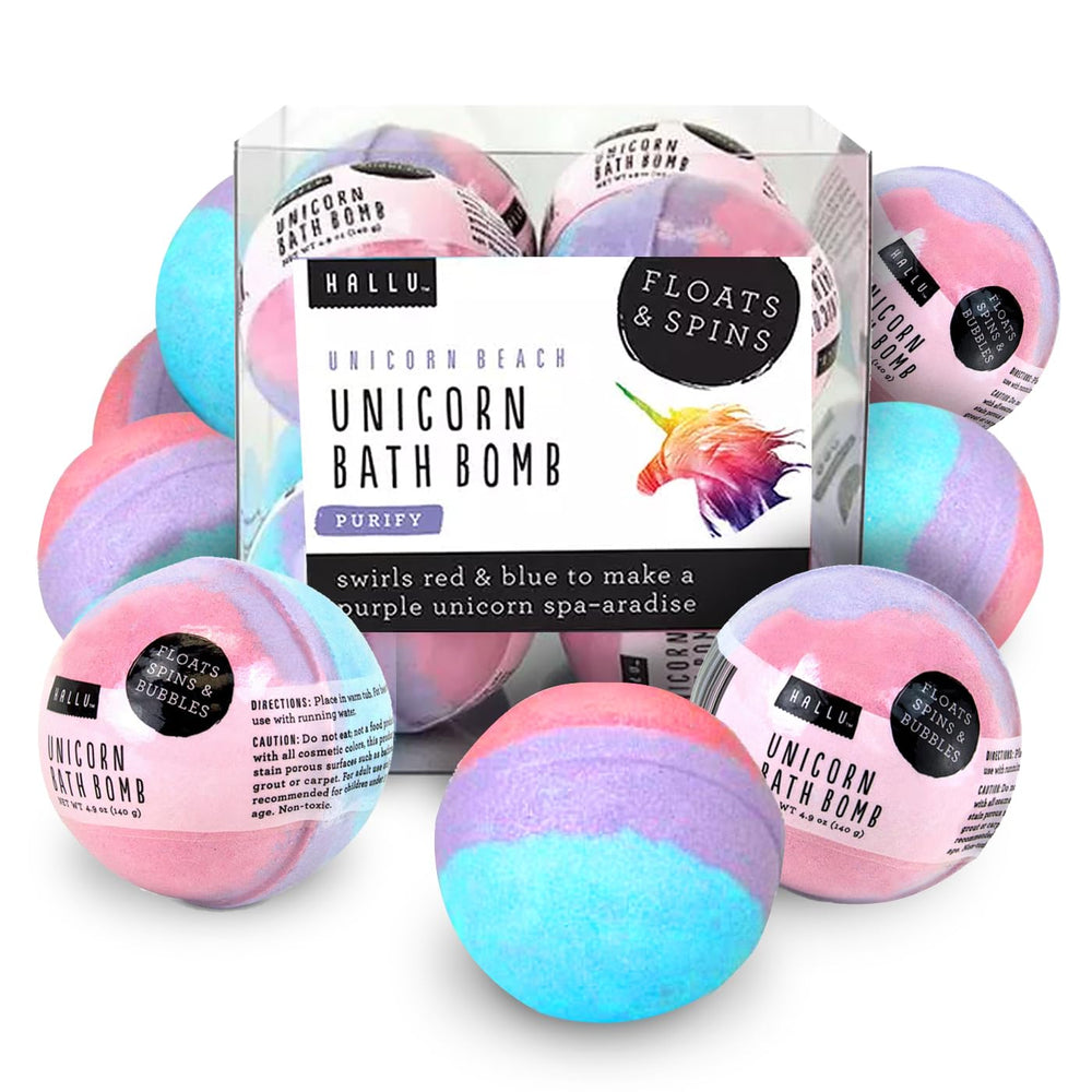 Hallu Unicorn Bath Bomb featuring mango peach vanilla scent for a relaxing tub aroma.