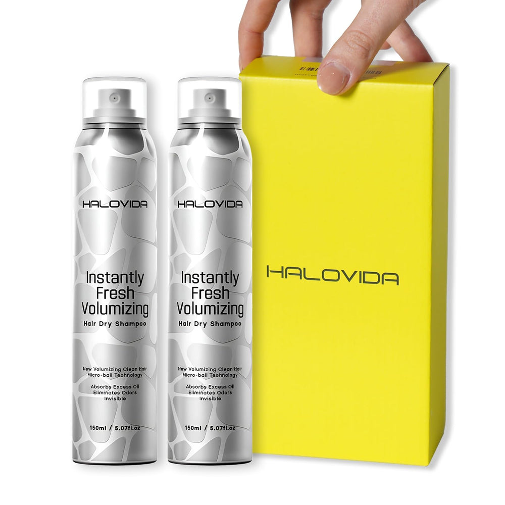 HALOVIDA Dry Shampoo on dark hair showing no white residue provides refreshed roots.