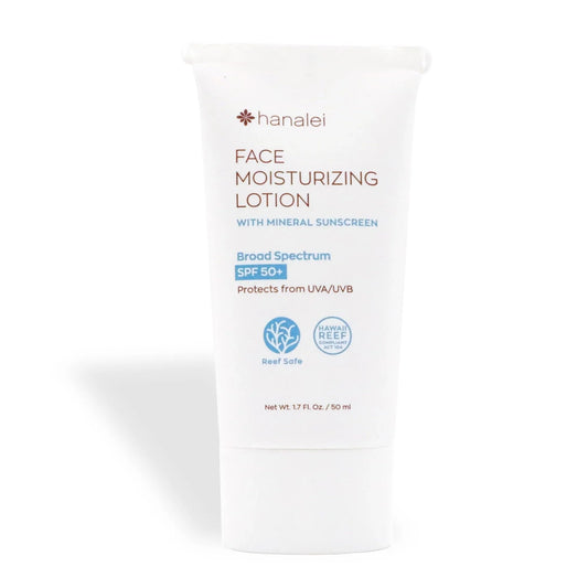 Hanalei Mineral Sunscreen Face Moisturizer SPF 50 bottle shows invisible protection for all skin tones.