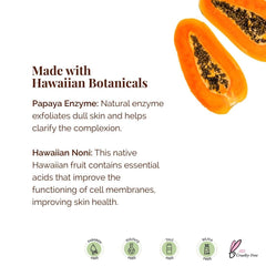 Close-up of ingredients in Hanalei Papaya Powder Face Cleanser, including papaya and noni.